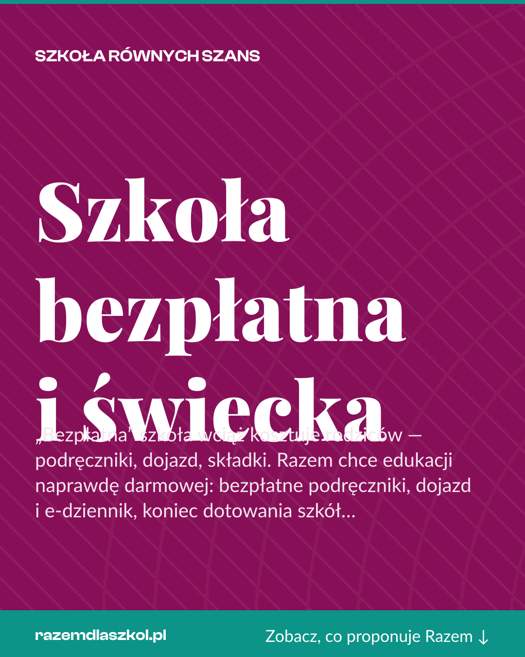 Grafika pionowa do udostępnienia: Szkoła bezpłatna i świecka