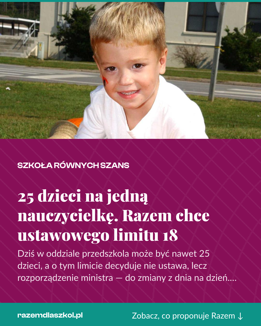 Grafika pionowa do udostępnienia: 25 dzieci na jedną nauczycielkę. Razem chce ustawowego limitu 18