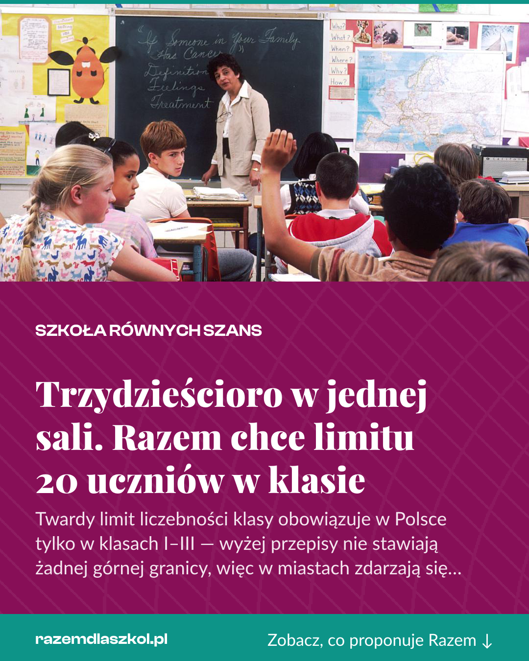 Grafika pionowa do udostępnienia: Trzydzieścioro w jednej sali. Razem chce limitu 20 uczniów w klasie