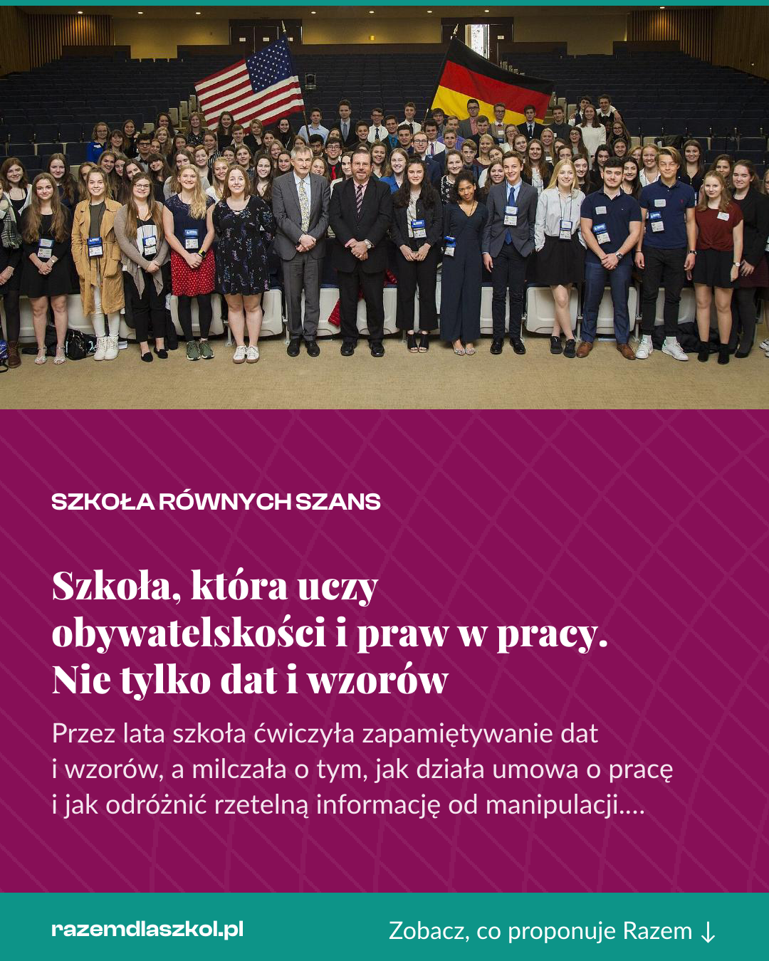 Grafika pionowa do udostępnienia: Szkoła, która uczy obywatelskości i praw w pracy. Nie tylko dat i wzorów