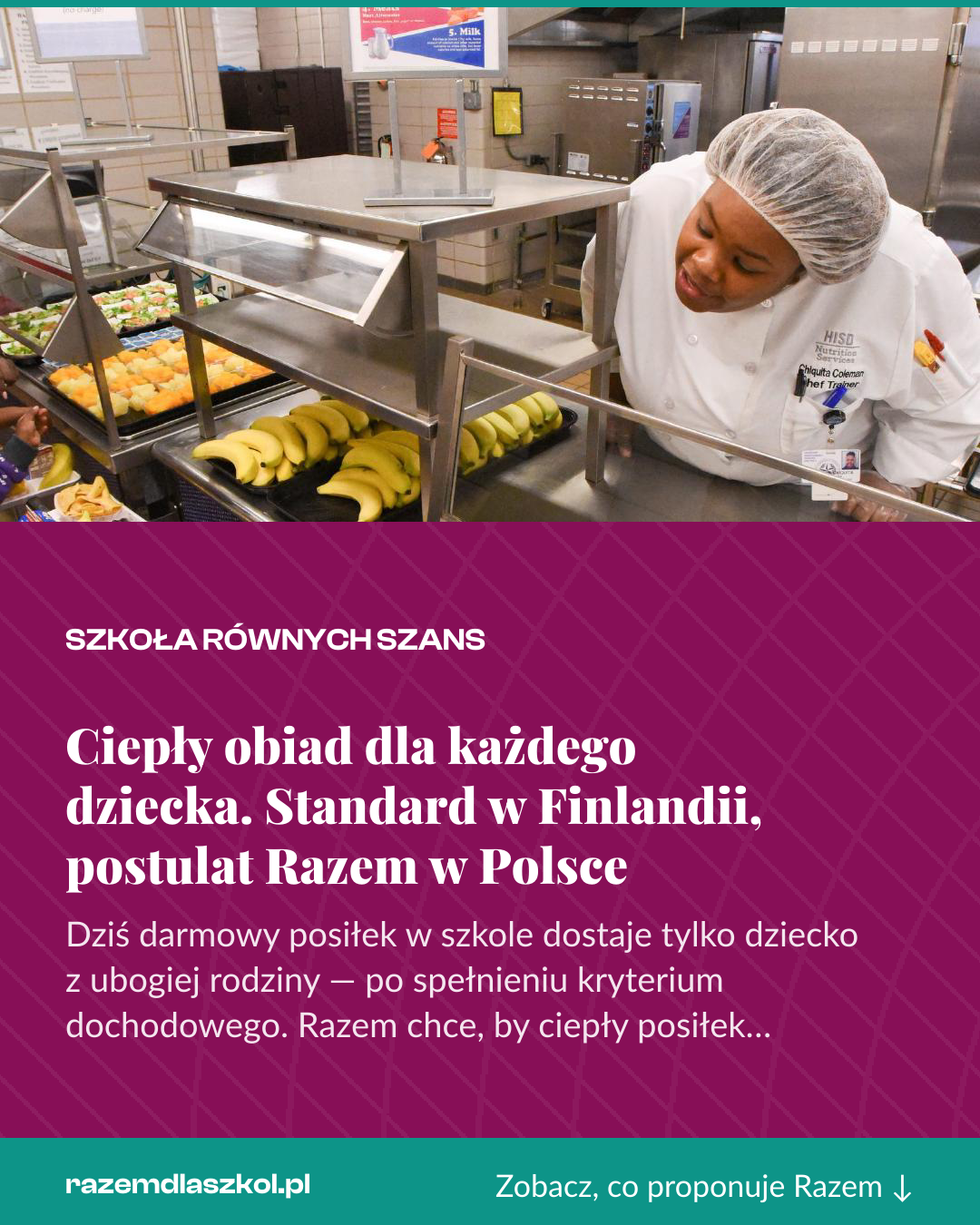 Grafika pionowa do udostępnienia: Ciepły obiad dla każdego dziecka. Standard w Finlandii, postulat Razem w Polsce