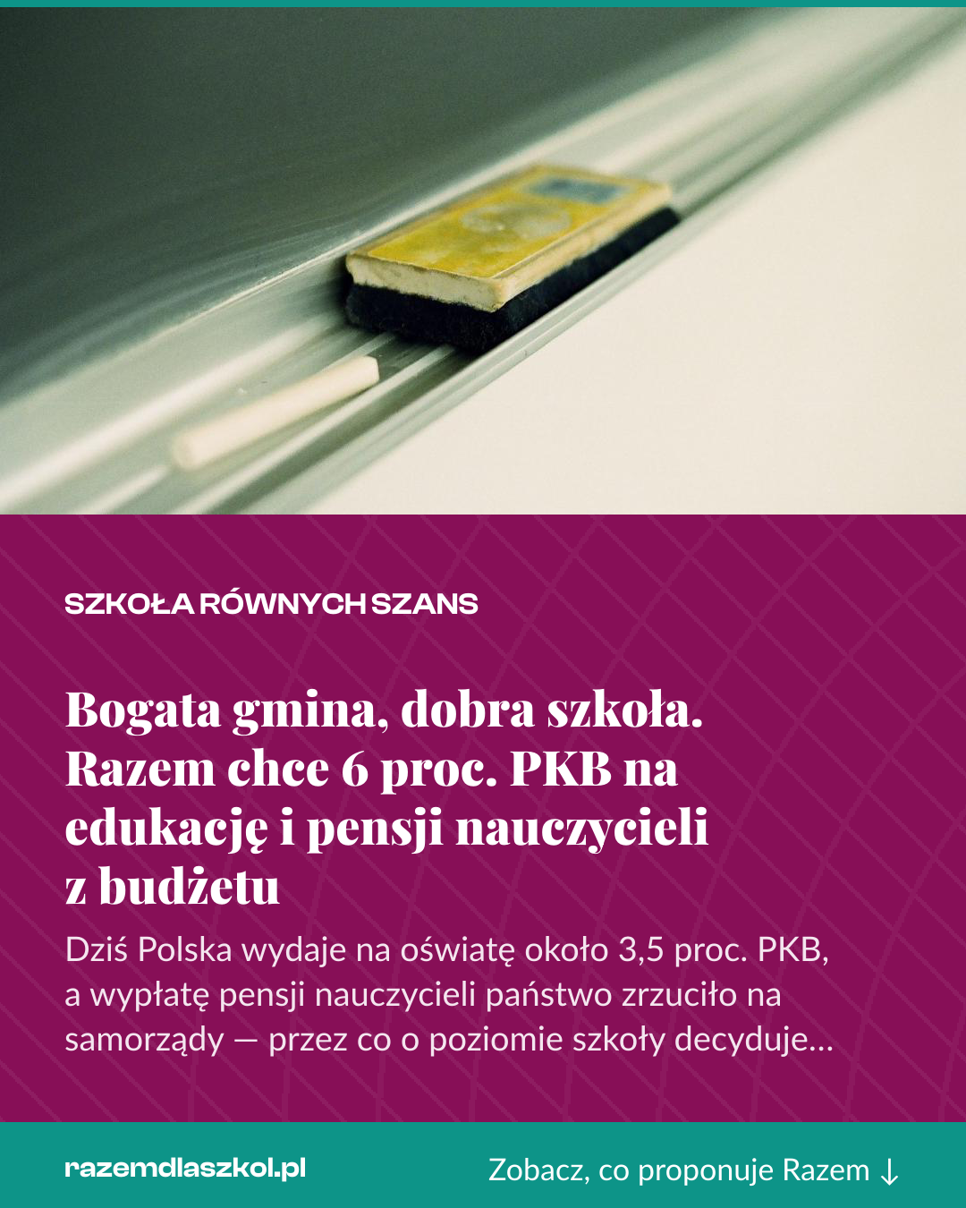 Grafika pionowa do udostępnienia: Bogata gmina, dobra szkoła. Razem chce 6 proc. PKB na edukację i pensji nauczycieli z budżetu