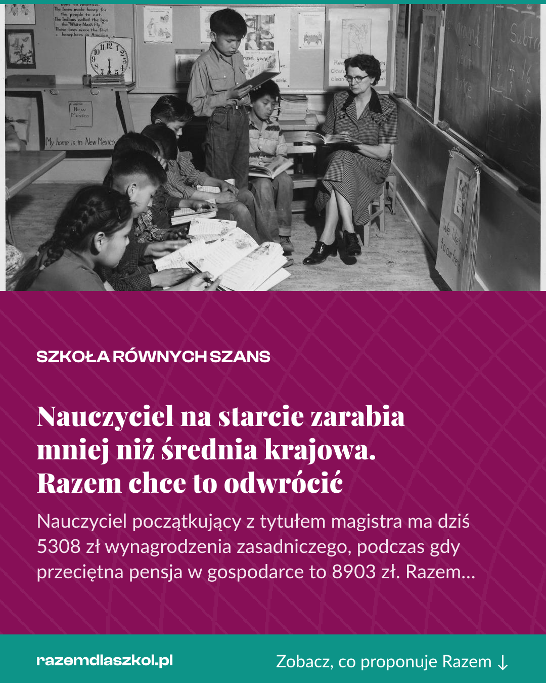 Grafika pionowa do udostępnienia: Nauczyciel na starcie zarabia mniej niż średnia krajowa. Razem chce to odwrócić